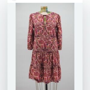 LOFT Red and Pink Split Neck Tiered Sundress